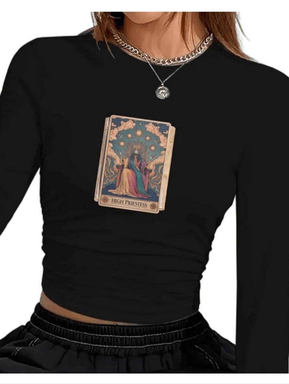 SHEIN High Priestess Tarot Graphic Black Long-Sleeve Top